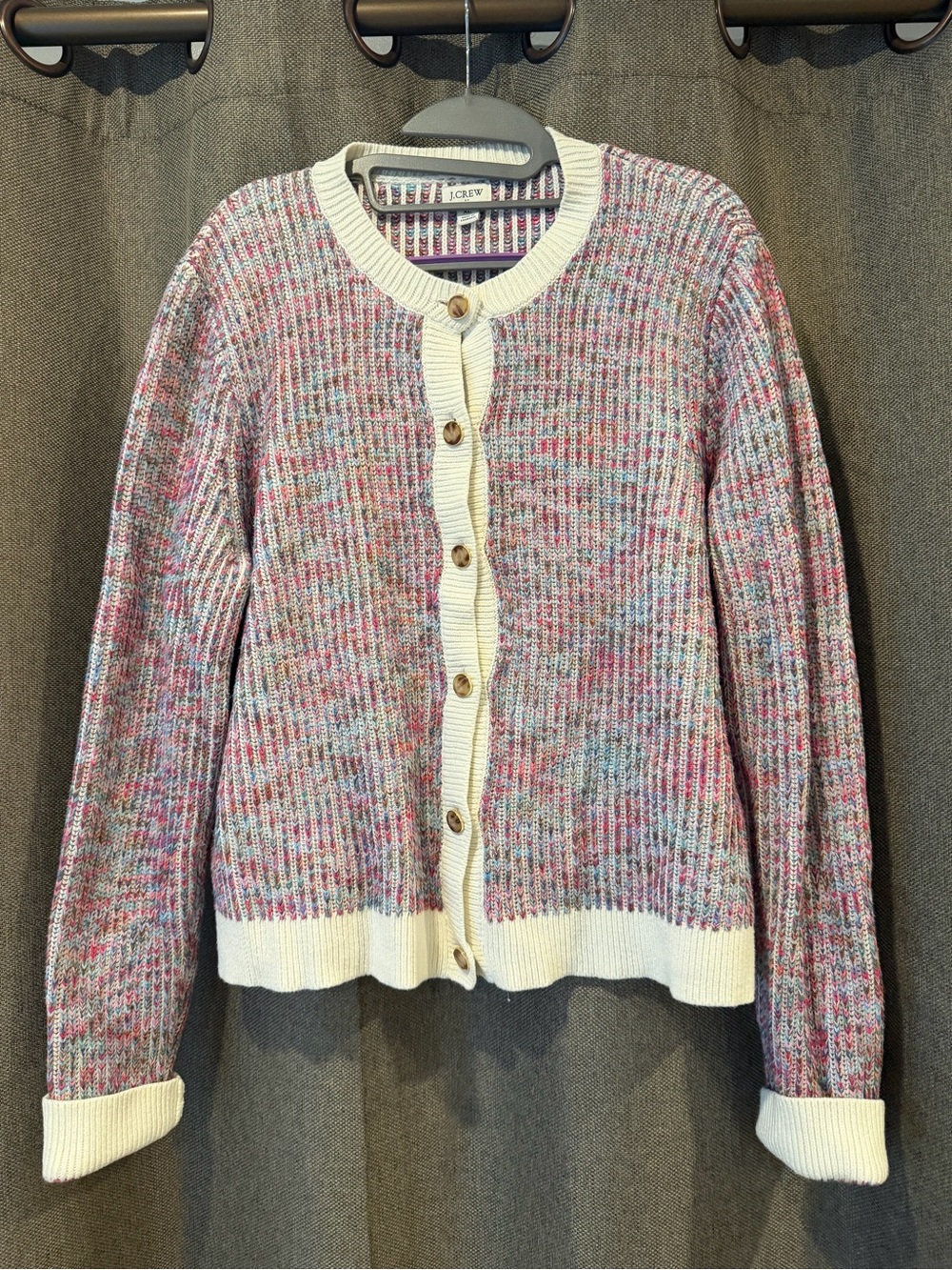 J. Crew Multicolor Ribbed Button-Front Cardigan with Cream Trim